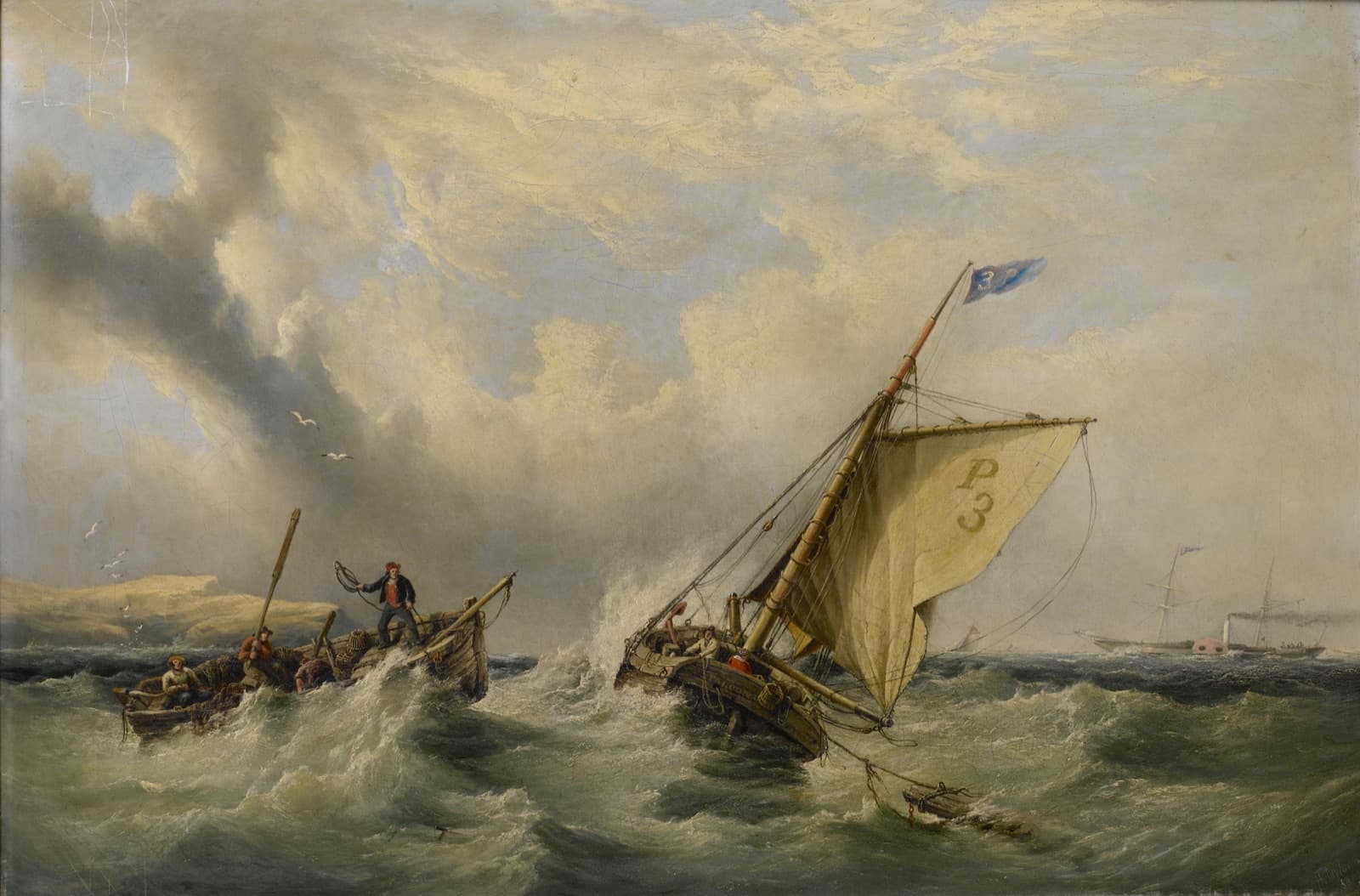 Pilot cutter with rowing boat coming alongside, by Henry King Taylor